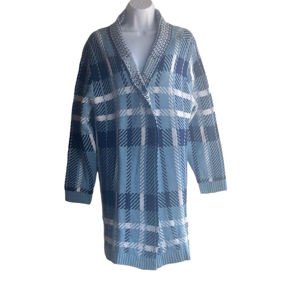 Salon Studio Blue Houndstooth Plaid Open Front Oversized Cardigan Large Grandma